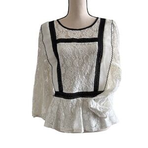 Alice Blue White Lace Peplum Blouse with Black Trim